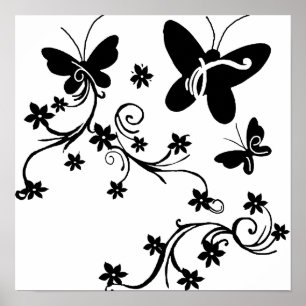 Butterflies with flowers  black n white poster