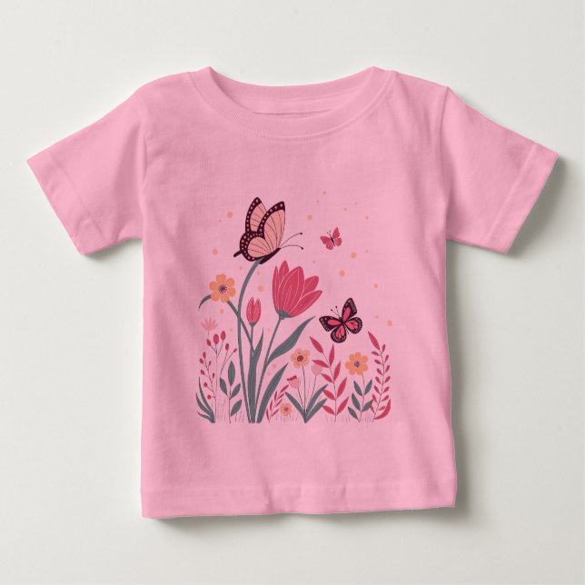 Butterflies with Pink Tulips and Yellow Daisies Baby T-Shirt (Front)