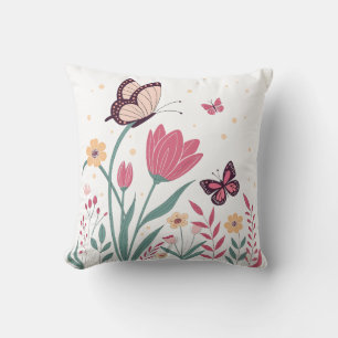 Butterflies with Pink Tulips and Yellow Daisies Cushion