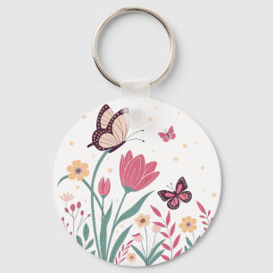 Butterflies with Pink Tulips and Yellow Daisies Key Ring