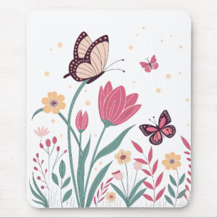 Butterflies with Pink Tulips and Yellow Daisies Mouse Pad