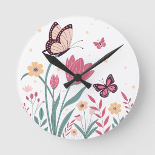 Butterflies with Pink Tulips and Yellow Daisies Round Clock