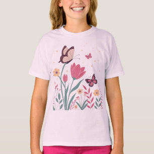 Butterflies with Pink Tulips and Yellow Daisies T-Shirt