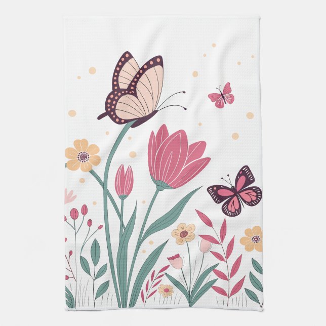 Butterflies with Pink Tulips and Yellow Daisies Tea Towel (Vertical)