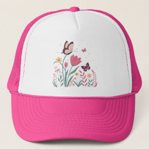 Butterflies with Pink Tulips and Yellow Daisies Trucker Hat