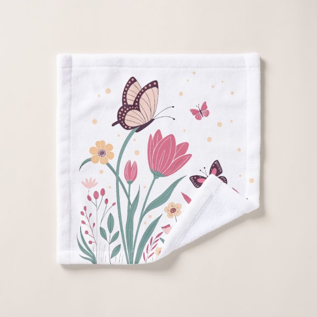 Butterflies with Pink Tulips and Yellow Daisies Wash Cloth (Wash Cloth)