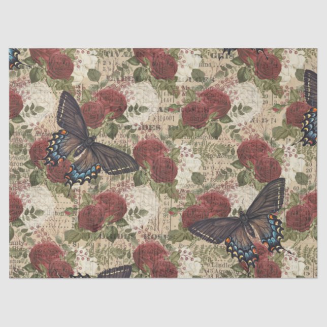 Butterflies with Red and White Roses Decoupage Tissue Paper (Front)