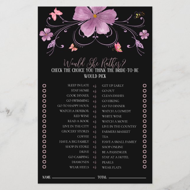 Butterflies Would She Rather Bridal Shower Game  (Front)