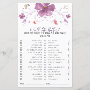 Butterflies Would She Rather Bridal Shower Game 