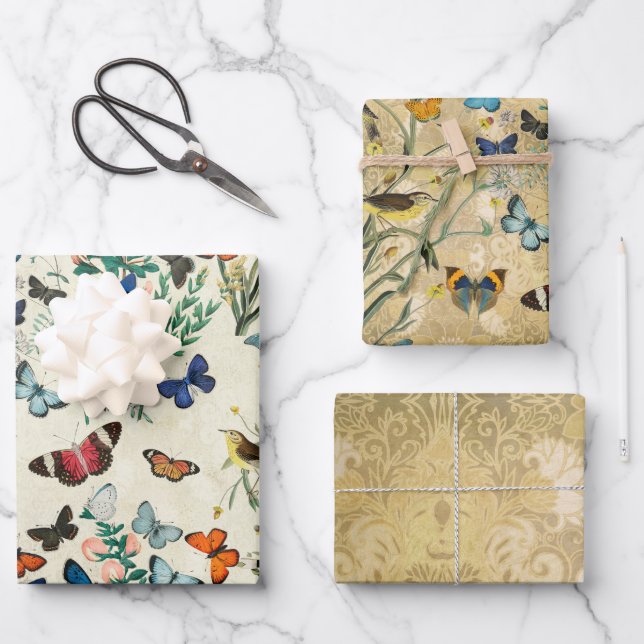 Butterflies Wrapping Paper Flat Sheet Set of 3 (Front)