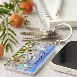 Butterflies Yellow Flowers Blue Sky Watercolor Key Ring
