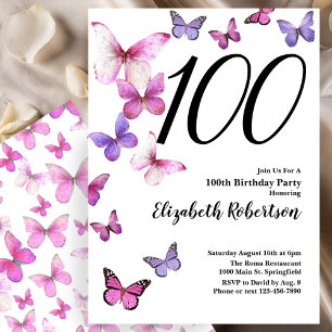 Butterfly 100th Birthday Invitation Pink /Purple