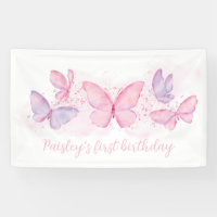 Butterfly 1st Birthday Banner Pink Purple Girl 