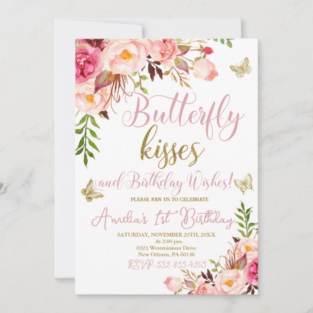 Butterfly 1st Birthday, Girls First Birthday Invitation (Front)
