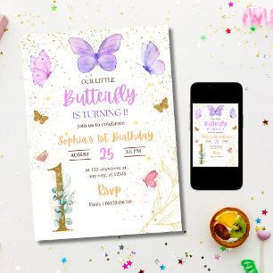 Butterfly 1st birthday invitation, Girl's Birthday Invitation