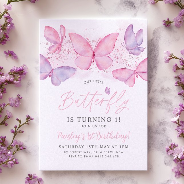 Butterfly 1st Birthday Invitation Pink Purple Girl (Our little butterfly is turning one! Pink and purple butterfly 1st birthday invitation. )