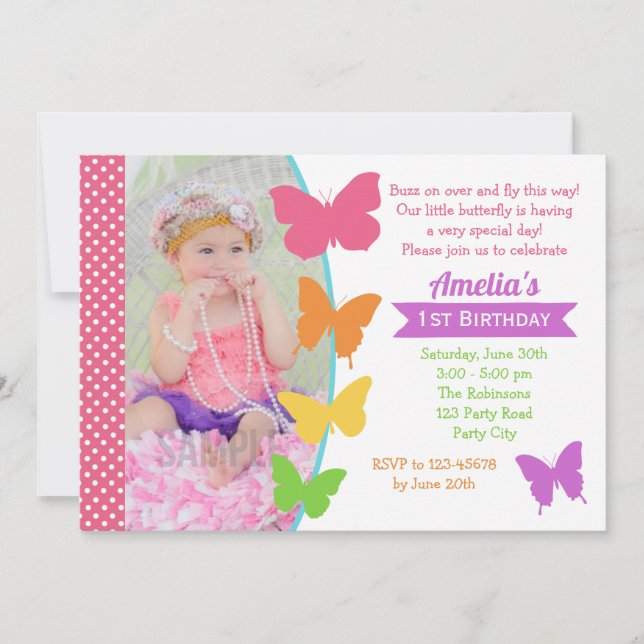 Butterfly 1st Birthday Invitation with Photo Girl (Front)