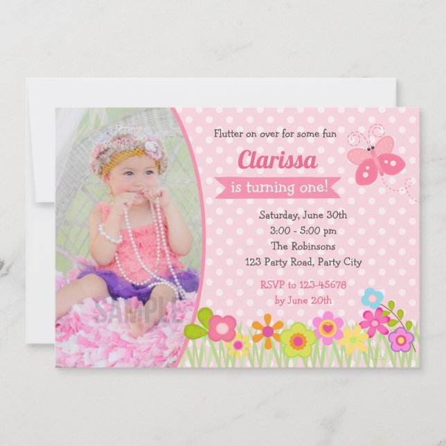 Butterfly 1st Birthday Invitations with Photo (Front)