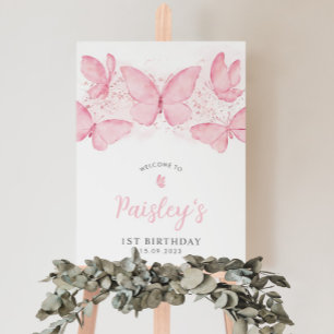 Butterfly 1st Birthday Pink Girl Welcome Sign