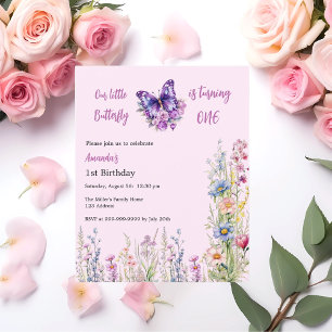 Butterfly 1st Birthday pink purple girl invitation