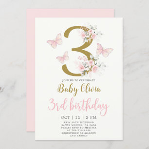 Butterfly 3rd Birthday Invitation
