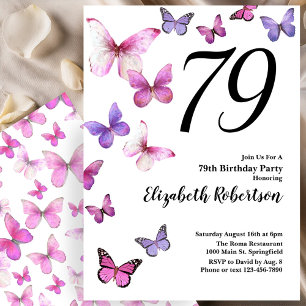 Butterfly 79th Birthday Invitation in Pink /Purple