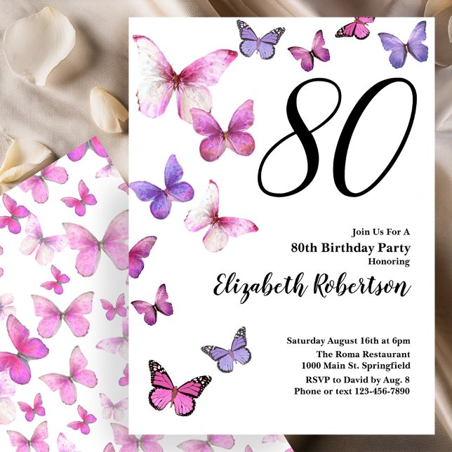 Butterfly 80th Birthday Invitation in Pink /Purple (Creator Uploaded)