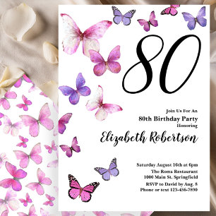 Butterfly 80th Birthday Invitation in Pink /Purple
