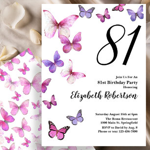 Butterfly 81st Birthday Invitation in Pink /Purple