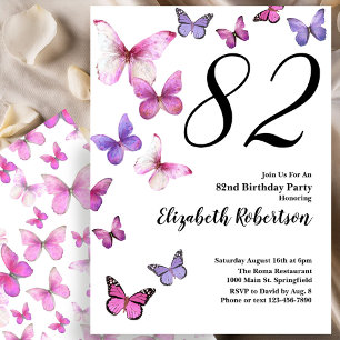Butterfly 82nd Birthday Invitation in Pink /Purple