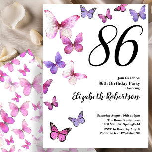 Butterfly 86th Birthday Invitation in Pink /Purple