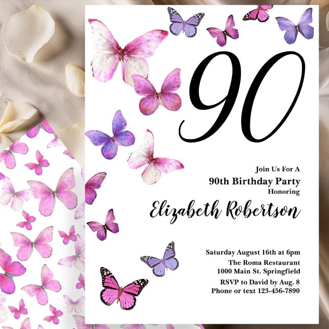 Butterfly 90th Birthday Invitation in Pink /Purple (Creator Uploaded)