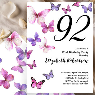 Butterfly 92nd Birthday Invitation in Pink Purple