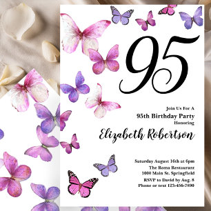 Butterfly 95th Birthday Invitation in Pink Purple