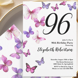 Butterfly 96th Birthday Invitation in Pink Purple