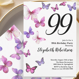 Butterfly 99th Birthday Invitation in Pink Purple