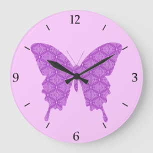 Butterfly, abstract pattern, lavender and purple large clock