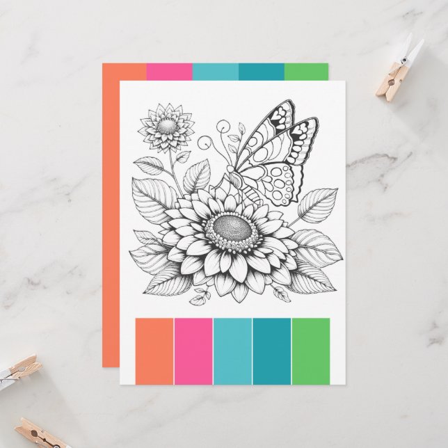 Butterfly Adult Colouring Card Art Therapy (Front/Back In Situ)