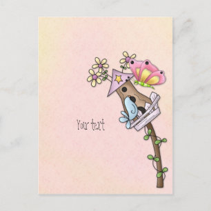 Butterfly and bird meeting at the birdhouse postcard