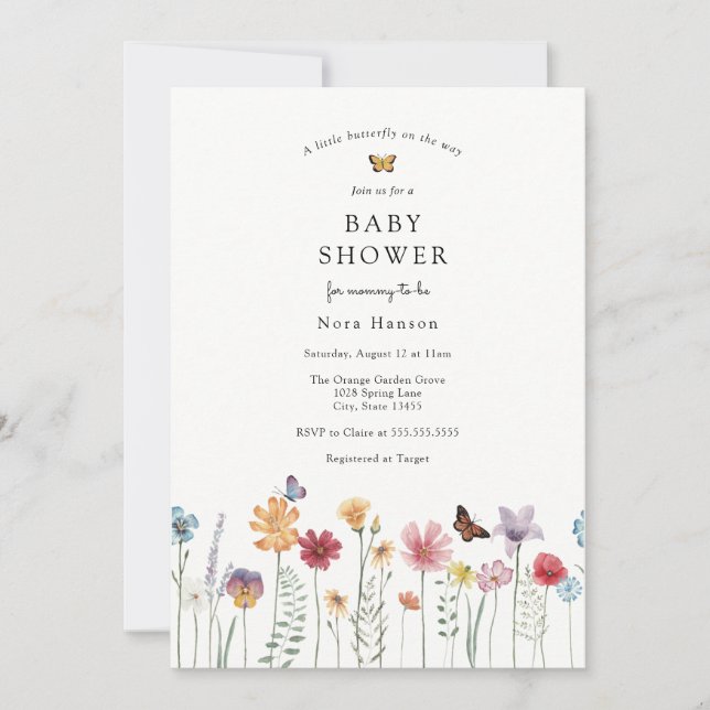 Butterfly and Blooming Wildflower Baby Shower Invitation (Front)