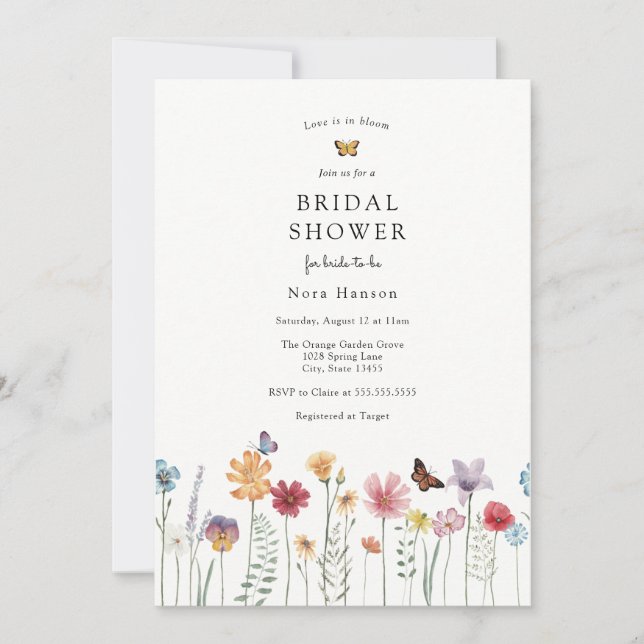 Butterfly and Blooming Wildflower Bridal Shower Invitation (Front)