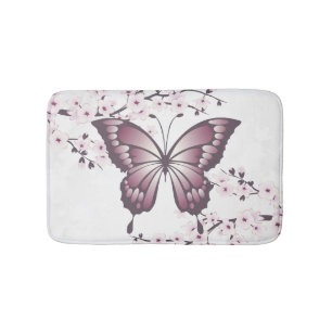 Butterfly And Cherry Blossom Mauve Bath Mat