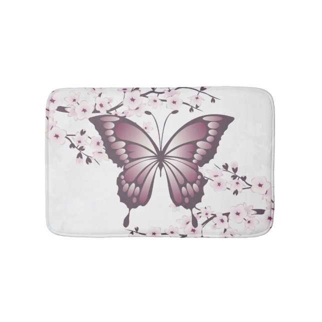Butterfly And Cherry Blossom Mauve Bath Mat (Front)