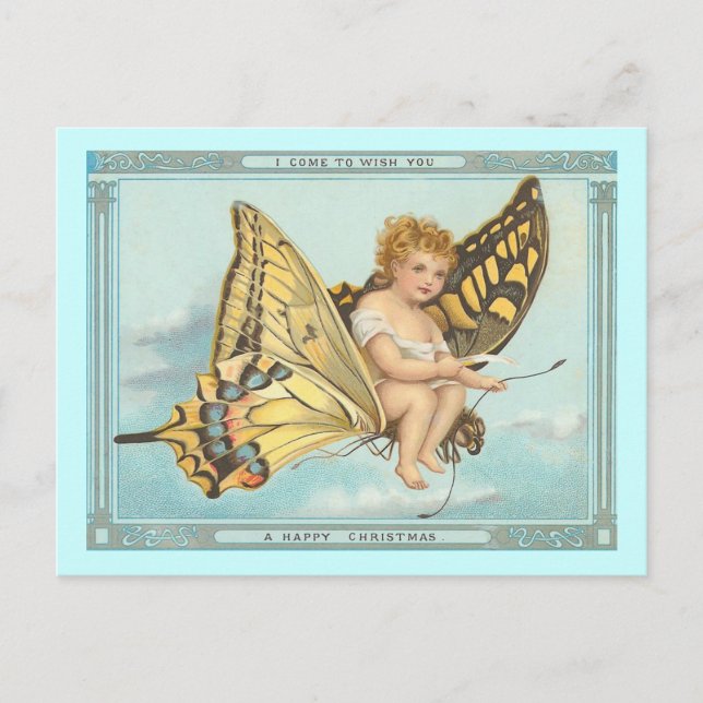"Butterfly and Cherub" Vintage Christmas Postcard (Front)