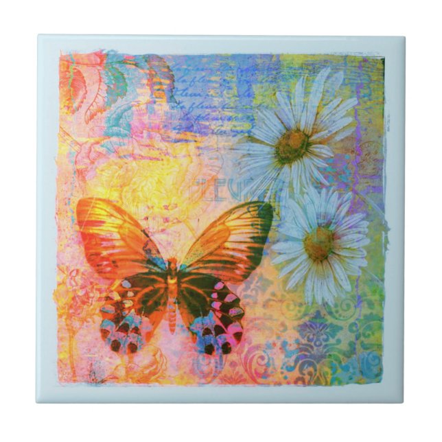 butterfly and daisies  ceramic tile (Front)