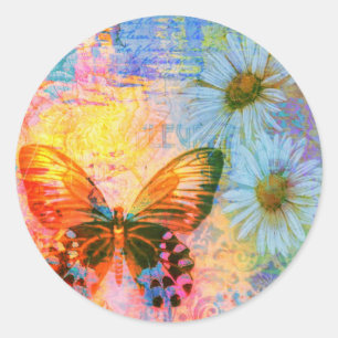 butterfly and daisies classic round sticker