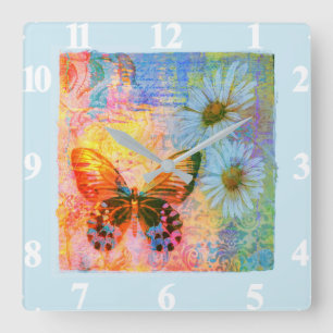 butterfly and daisies  square wall clock