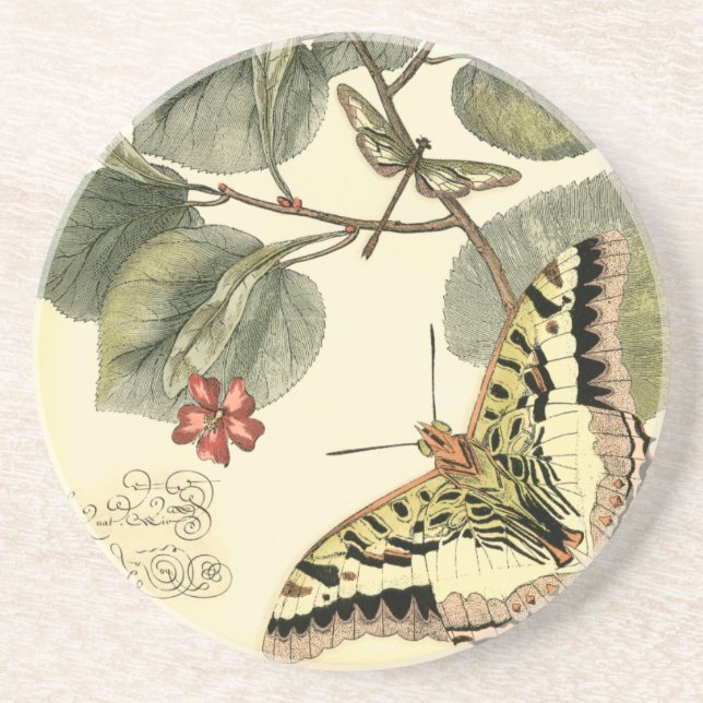 Butterfly and Dragonfly with Red Flowers Coaster (Front)