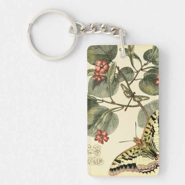 Butterfly and Dragonfly with Red Flowers Key Ring (Front)