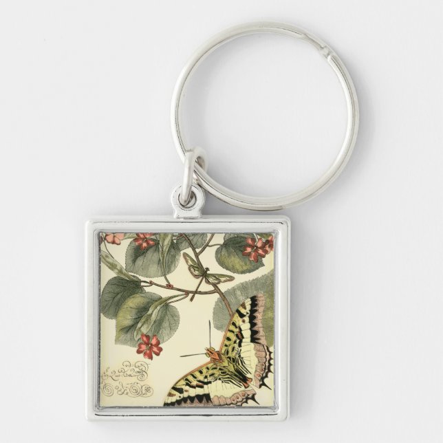 Butterfly and Dragonfly with Red Flowers Key Ring (Front)